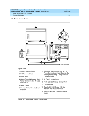 Page 33DEFINITY Enterprise Communication Server Release 8.2
Installation and Test for Single-Carrier Cabinets  555-233-120  Issue 1
April 2000
Install and Connect the Cabinets 
1-15 Connect DC Power 
1
DC Power Connections
Figure 1-6. Typical DC Power Connections Figure Notes
1. System Cab inet Stac k
2. DC Power Cabinet
3. White Wires
4. Green Ground  Wires and  Blac k 
Wires Connec t to the -48 VDC 
Return Bus
5. -48 VDC Bus
6. Connec t White Wires to Circ uit 
Breakers 7. DC Power Cab le (H600-436, G1) to...