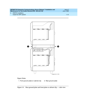 Page 32DEFINITY® Enterprise Communications Server Release 7 Installation and 
Maintenance for Survivable Remote EPN  555-233-102  Issue 2
June 1999
SREPN Installation 
1-10 Install the SRP cabinet 
1
Figure 1-3. Rear ground plate and front plate or cabinet clip — side view Figure Notes
1. Front ground  p late or c ab inet c lip 2. Rear g round  plate
21
scdfgrpl KLC 011799 