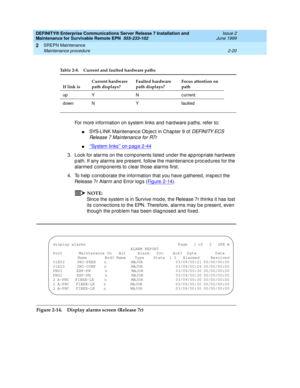 Page 76DEFINITY® Enterprise Communications Server Release 7 Installation and 
Maintenance for Survivable Remote EPN  555-233-102  Issue 2
June 1999
SREPN Maintenance 
2-20 Maintenance procedure 
2
For more information on system links and  hard ware p aths, refer to:
nSYS-LINK Maintenanc e Ob jec t in Chap ter 9 of DEFINITY ECS 
Release 7 Maintenanc e for R7r
n‘‘Sy st e m  l in ks’’ on p ag e 2-44
3. Look for alarms on the c omp onents listed und er the ap p ropriate hard ware 
p ath. If any alarms are present,...