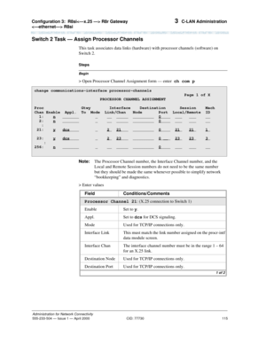 Page 135Configuration 3:R8si R8r Gateway 
 R8si 
115
Administration for Network Connectivity
555-233-504— Issue 1 — April 2000 CID: 77730
3  C-LAN Administration
Switch 2 Task — Assign Processor Channels
This task associates data links (hardware) with processor channels (software) on 
Switch 2.
Begin
Steps
> Open Processor Channel Assignment form — enter  ch com p
Note:The Processor Channel number, the Interface Channel number, and the 
Local and Remote Session numbers do not need to be the same number 
but they...