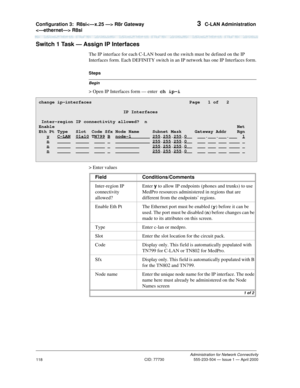 Page 138Configuration 3:R8si R8r Gateway 
 R8si 3  C-LAN Administration
Administration for Network Connectivity
CID: 77730 555-233-504 — Issue 1 — April 2000
118
Switch 1 Task — Assign IP Interfaces
The IP interface for each C-LAN board on the switch must be defined on the IP 
Interfaces form. Each DEFINITY switch in an IP network has one IP Interfaces form.
Begin
Steps
> Open IP Interfaces form — enter  ch ip-i
> Enter values
change ip-interfaces  Page   1 of   2 
IP Interfaces
Inter-region IP connectivity...