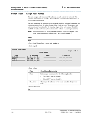 Page 146Configuration 4:  R8csi  R8si Gateway 
 R8csi 3  C-LAN Administration
Administration for Network Connectivity
CID: 77730 555-233-504 — Issue 1 — April 2000
126
Switch 1 Task — Assign Node Names
This task assigns node names and IP addresses to each node in the network. This 
screen is administered on Switch 1. A Node Names screen must be administered on 
each switch in the network.
The node names and IP addresses in any network should be assigned in a logical and 
consistent manner from the point of view...