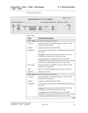 Page 157Configuration 4:  R8csi  R8si Gateway 
 R8csi 
137
Administration for Network Connectivity
555-233-504— Issue 1 — April 2000 CID: 77730
3  C-LAN Administration
> Press the Next Page key
> Enter values
              Page 2 of 5
ADMINISTERED NCA TSC ASSIGNMENT 
Service/Feature: __________           As-needed Inactivity Time-out (min): __
 TSC   Local                                                   Mach.
Index   Ext.  Enabled Established   Dest. Digits    Appl.   ID
  1:   1701_
     y     permanent...