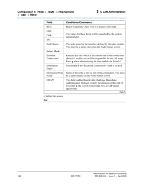 Page 162Configuration 4:  R8csi  R8si Gateway 
 R8csi 3  C-LAN Administration
Administration for Network Connectivity
CID: 77730 555-233-504 — Issue 1 — April 2000
142
> Submit the screen
End
BCC: Bearer Capability Class. This is a display-only field.
COS
The values for these fields will be specified by the system 
administrator. COR:
TN:
Node Name: The node name for the interface defined by this data module. 
This must be a name entered on the Node Names screen.
Subnet Mask:
Establish 
Connection?n means that...