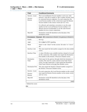 Page 164Configuration 4:  R8csi  R8si Gateway 
 R8csi 3  C-LAN Administration
Administration for Network Connectivity
CID: 77730 555-233-504 — Issue 1 — April 2000
144
> Submit the screen
End
Session - Local The Local and Remote Session numbers can be any value 
between 1 and 256 (si model) or 384 (r model), but they must 
be consistent between endpoints. For each connection, the 
Local Session number on this switch must equal the Remote 
Session number on the remote switch and vice versa.
It is allowed, and...