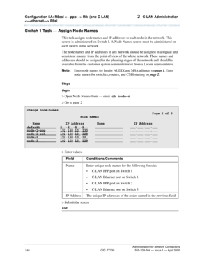 Page 168Configuration 5A: R8csi  R8r (one C-LAN) 
 R8si 3  C-LAN Administration
Administration for Network Connectivity
CID: 77730 555-233-504 — Issue 1 — April 2000
148
Switch 1 Task — Assign Node Names
This task assigns node names and IP addresses to each node in the network. This 
screen is administered on Switch 1. A Node Names screen must be administered on 
each switch in the network.
The node names and IP addresses in any network should be assigned in a logical and 
consistent manner from the point of...