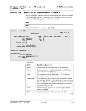 Page 169Configuration 5A: R8csi  R8r (one C-LAN) 
 R8si 
149
Administration for Network Connectivity
555-233-504— Issue 1 — April 2000 CID: 77730
3  C-LAN Administration
Switch 1 Task — Assign Link via ppp Data Module to Switch 2
This task administers a ppp data module on Switch 1 for the ppp connection to Switch 
2. The data module associates a link number with a port address, extension number, 
and node name for the C-LAN port used for this connection.
Begin
Steps
> 
Open Data Module form — enter ad da 2376
>...