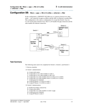 Page 191Configuration 5B:R8csi  R8r (2 C-LANs) 
 R8si 
171
Administration for Network Connectivity
555-233-504— Issue 1 — April 2000 CID: 77730
3  C-LAN Administration
Configuration 5B:R8csi  R8r (2 C-LANs)  R8si 
In this configuration, a DEFINITY ECS R8r acts as a gateway between two other 
nodes — one connected via ppp to an R8csi and the other via ethernet to another R8si. 
This configuration is the same as configuration 5A except that Switch 1 has two 
C-LAN circuit packs instead of one. One C-LAN handles...