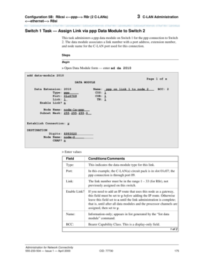 Page 195Configuration 5B:R8csi  R8r (2 C-LANs) 
 R8si 
175
Administration for Network Connectivity
555-233-504— Issue 1 — April 2000 CID: 77730
3  C-LAN Administration
Switch 1 Task — Assign Link via ppp Data Module to Switch 2
This task administers a ppp data module on Switch 1 for the ppp connection to Switch 
2. The data module associates a link number with a port address, extension number, 
and node name for the C-LAN port used for this connection.
Begin
Steps
> 
Open Data Module form — enter ad da 2010
>...