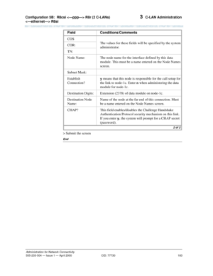 Page 203Configuration 5B:R8csi  R8r (2 C-LANs) 
 R8si 
183
Administration for Network Connectivity
555-233-504— Issue 1 — April 2000 CID: 77730
3  C-LAN Administration
> Submit the screen
End
COS
The values for these fields will be specified by the system 
administrator. COR:
TN:
Node Name: The node name for the interface defined by this data 
module. This must be a name entered on the Node Names 
screen.
Subnet Mask:
Establish 
Connection?y means that this node is responsible for the call setup for 
the link to...