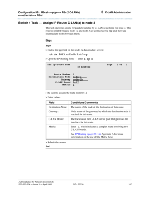 Page 207Configuration 5B:R8csi  R8r (2 C-LANs) 
 R8si 
187
Administration for Network Connectivity
555-233-504— Issue 1 — April 2000 CID: 77730
3  C-LAN Administration
Switch 1 Task — Assign IP Route: C-LAN(a) to node-3
This task specifies a route for packets handled by C-LAN(a) destined for node-3. This 
route is needed because node-1a and node-3 are connected via ppp and there are 
intermediate nodes between them.
Begin
Steps
> Enable the ppp link on the node-1a data module screen: 
ch da 2013, set Enable...