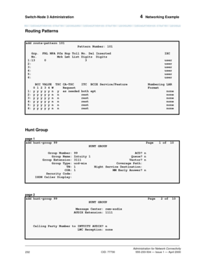 Page 252Switch-Node 3 Administration 4  Networking Example
Administration for Network Connectivity
CID: 77730 555-233-504 — Issue 1 — April 2000
232
Routing Patterns
Hunt Group
page 1
page 2
add route-pattern 101 
                            Pattern Number: 101 
   Grp.  FRL NPA Pfx Hop Toll No. Del Inserted                             IXC
   No.           Mrk Lmt List Digits  Digits
 1:13 0 3  user
 2:                                                                        user
 3:...