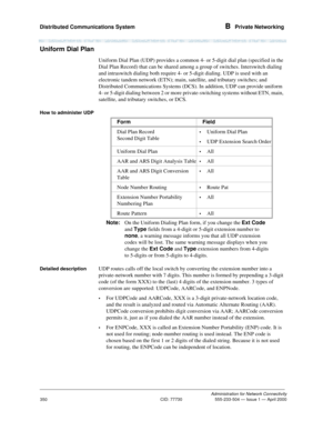 Page 370Distributed Communications System B  Private Networking
Administration for Network Connectivity
CID: 77730 555-233-504 — Issue 1 — April 2000
350
Uniform Dial Plan 
Uniform Dial Plan (UDP) provides a common 4- or 5-digit dial plan (specified in the 
Dial Plan Record) that can be shared among a group of switches. Interswitch dialing 
and intraswitch dialing both require 4- or 5-digit dialing. UDP is used with an 
electronic tandem network (ETN); main, satellite, and tributary switches; and 
Distributed...