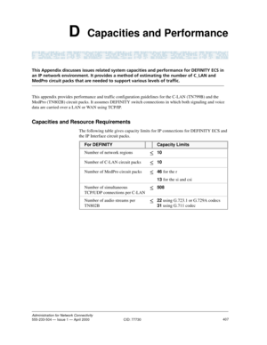 Page 427407Administration for Network Connectivity555-233-504 — Issue 1 — April 2000  CID: 77730
D  Capacities and Performance
This Appendix discusses issues related system capacities and performance for DEFINITY ECS in 
an IP network environment. It provides a method of estimating the number of C_LAN and 
MedPro circuit packs that are needed to support various levels of traffic.
This appendix provides performance and traffic configuration guidelines for the C-LAN (TN799B) and the 
MedPro (TN802B) circuit packs....