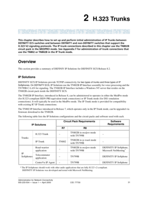 Page 5131Administration for Network Connectivity555-233-504 — Issue 1 — April 2000  CID: 77730
2  H.323 Trunks
This chapter describes how to set up and perform initial administration of IP Trunks between 
DEFINITY ECS switches and between DEFINITY and non-DEFINITY switches that support the 
H.323 V2 signaling protocols. The IP trunk connections described in this chapter use the TN802B 
circuit pack in the MEDPRO mode. See Appendix F for administration of trunk connections that 
use the TN802 or TN802B in the IP...