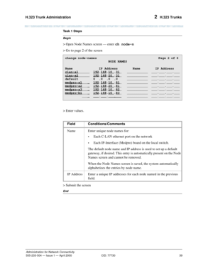 Page 59H.323 Trunk Administration 
39
Administration for Network Connectivity
555-233-504— Issue 1 — April 2000 CID: 77730
2  H.323 Trunks
Begin
Task 1 Steps
> Open Node Names screen — enter ch node-n
> Go to page 2 of the screen
> Enter values.
> Submit the screen
End
change node-names  Page 2 of 6 
NODE NAMES 
Name  IP Address  Name  IP Address
clan-a1
______ 192.168.10_.31_ ___________ ___.___.___.___
clan-a2
______ 192.168.20_.31_ ___________ ___.___.___.___
default 0 .0 .0 .0  ___________ ___.___.___.___...