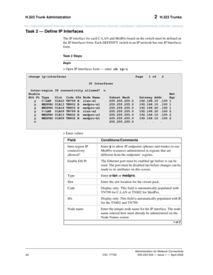 Page 60H.323 Trunk Administration 2  H.323 Trunks
Administration for Network Connectivity
CID: 77730 555-233-504 — Issue 1 — April 2000
40
Task 2 — Define IP Interfaces
The IP interface for each C-LAN and MedPro board on the switch must be defined on 
the IP Interfaces form. Each DEFINITY switch in an IP network has one IP Interfaces 
form.
Begin
Task 2 Steps
> Open IP Interfaces form — enter  ch ip-i
> Enter values
change ip-interfaces  Page   1 of   2 
IP Interfaces
Inter-region IP connectivity allowed?  n...