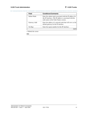 Page 61H.323 Trunk Administration 
41
Administration for Network Connectivity
555-233-504— Issue 1 — April 2000 CID: 77730
2  H.323 Trunks
> Submit the screen
End
Subnet Mask Enter the subnet mask associated with the IP address for 
this IP interface. (The IP address is associated with the 
node name on the Node Names screen).
Gateway Addr Enter the address of a network node that will serve as the 
default gateway for the IP interface.
Net Rgn Enter the region number for this IP interface. Field...