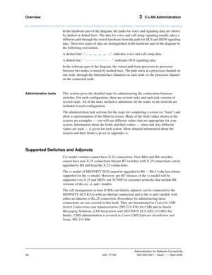 Page 78Overview 3  C-LAN Administration
Administration for Network Connectivity
CID: 77730 555-233-504 — Issue 1 — April 2000
58
In the hardware part of the diagram, the paths for voice and signaling data are shown 
by dashed or dotted lines. The data for voice and call-setup signaling usually takes a 
different path through the switch hardware from the path for DCS and ISDN signaling 
data. These two types of data are distinguished in the hardware part of the diagram by 
the following convention.
A dashed...