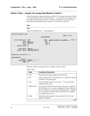 Page 88Configuration 1: R8r  R8si 3  C-LAN Administration
Administration for Network Connectivity
CID: 77730 555-233-504 — Issue 1 — April 2000
68
Switch 2 Task — Assign Link via ppp Data Module to Switch 1
This task administers a ppp data module on Switch 2 for the ppp connection to Switch 
1. The data module defines a network interface — it associates a link number with a 
port address and node name for the C-LAN port on Switch 2. It also specifies the 
node name for the destination node, which is a C-LAN...