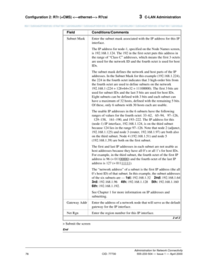 Page 98Configuration 2: R7r (+CMS)  R7csi 3  C-LAN Administration
Administration for Network Connectivity
CID: 77730 555-233-504 — Issue 1 — April 2000
78
> Submit the screen
End
Subnet Mask Enter the subnet mask associated with the IP address for this IP 
interface. 
The IP address for node-1, specified on the Node Names screen, 
is 192.168.1.124. The 192 in the first octet puts this address in 
the range of “Class C” addresses, which means the first 3 octets 
are used for the network ID and the fourth octet...