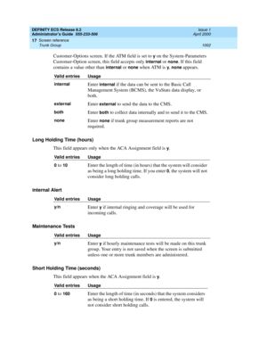 Page 1026DEFINITY ECS Release 8.2
Administrator’s Guide  555-233-506  Issue 1
April 2000
Screen reference 
1002 Trunk Group 
17
Customer-Options screen. If the ATM field is set to y on the System-Parameters 
Customer-Option screen, this field accepts only 
internal or none. If this field 
contains a value other than 
internal or none when ATM is y, none appears.
Long Holding Time (hours)
This field appears only when the ACA Assignment field is 
y.
Internal Alert
Maintenance Tests
Short Holding Time (seconds)
This...