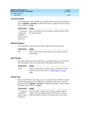 Page 1031DEFINITY ECS Release 8.2
Administrator’s Guide  555-233-506  Issue 1
April 2000
Screen reference 
1007 Trunk Group 
17
Currency Symbol 
This field appears for CO, DIOD, FX, and WATS trunk groups when the Direction 
field is 
outgoing or two-way. For ISDN trunk groups, it appears when the Charge 
Advice field is not 
none.
Request Category
This field appears when the Country field is 
15 and the Shuttle field is y.
Start Position
The value administered in this field must be coordinated with your central...