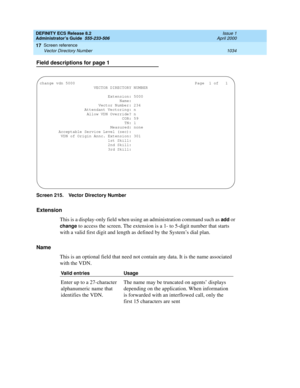 Page 1058DEFINITY ECS Release 8.2
Administrator’s Guide  555-233-506  Issue 1
April 2000
Screen reference 
1034 Vector Directory Number 
17
Field descriptions for page 1
Screen 215. Vector Directory Number
Extension
This is a display-only field when using an administration command such as 
add or 
change to access the screen. The extension is a 1- to 5-digit number that starts 
with a valid first digit and length as defined by the System’s dial plan.
Name
This is an optional field that need not contain any data....