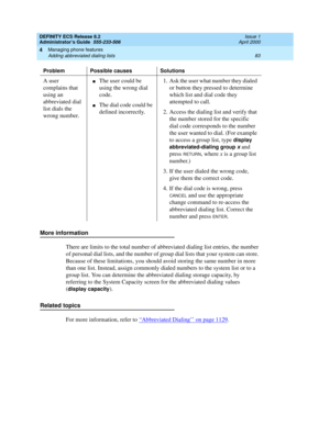 Page 107DEFINITY ECS Release 8.2
Administrator’s Guide  555-233-506  Issue 1
April 2000
Managing phone features 
83 Adding abbreviated dialing lists 
4
More information
There are limits to the total number of abbreviated dialing list entries, the number 
of personal dial lists, and the number of group dial lists that your system can store. 
Because of these limitations, you should avoid storing the same number in more 
than one list. Instead, assign commonly dialed numbers to the system list or to a 
group list....