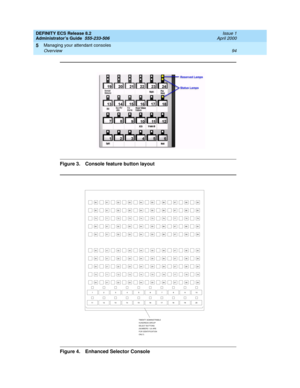 Page 118DEFINITY ECS Release 8.2
Administrator’s Guide  555-233-506  Issue 1
April 2000
Managing your attendant consoles 
94 Overview 
5
Figure 3. Console feature button layout
Figure 4. Enhanced Selector Console
1
ONLY)2  3 4 5 6 7 8
00 01 02 03 04 05 06 07 08 09
10 20
30
40 50 60
70
80
90 91 92 93 94 95 96 97 98 99
89  88  87  86  85  84  83  82  81
71 72 73 74 75 76 77 78 79
69  68  67  66  65  64  63  62  61
51 52 53 54 55 56 57 58 59
49  48  47  46  45  44  43  42  41
31 32 33 34 35 36 37 38 39
29  28  27...