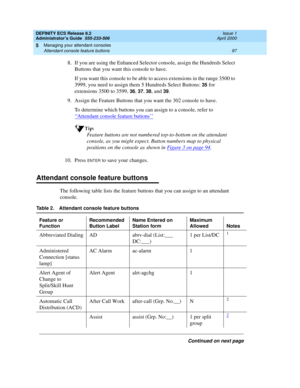 Page 121DEFINITY ECS Release 8.2
Administrator’s Guide  555-233-506  Issue 1
April 2000
Managing your attendant consoles 
97 Attendant console feature buttons 
5
8. If you are using the Enhanced Selector console, assign the Hundreds Select 
Buttons that you want this console to have.
If you want this console to be able to access extensions in the range 3500 to 
3999, you need to assign them 5 Hundreds Select Buttons: 
35 for 
extensions 3500 to 3599, 
36, 37, 38, and 39.
9. Assign the Feature Buttons that you...