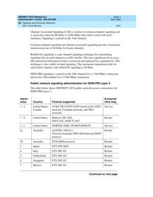 Page 1345DEFINITY ECS Release 8.2
Administrator’s Guide  555-233-506  Issue 1
April 2000
Features and technical reference 
1321 DS1 Trunk Service 
20
Channel Associated Signaling (CAS) is similar to common-channel signaling and 
is used only when the Bit Rate is 2.048 Mbps (the trunk is used with an E1 
interface). Signaling is carried on the 16th channel.
Common-channel signaling and channel associated signaling provide a maximum 
transmission rate of 64 Kbps for bearer channels.
Robbed-bit signaling is a...