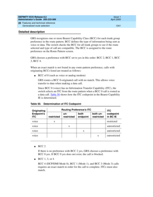 Page 1365DEFINITY ECS Release 8.2
Administrator’s Guide  555-233-506  Issue 1
April 2000
Features and technical reference 
1341 Generalized route selection 
20
Detailed description
GRS recognizes one or more Bearer Capability Class (BCC) for each trunk group 
preference in the route pattern. BCC defines the type of information being sent as 
voice or data. The switch checks the BCC for all trunk groups to see if the route 
selected and type of call are compatible. The BCC is assigned to the route 
preference on...