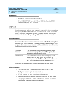 Page 1401DEFINITY ECS Release 8.2
Administrator’s Guide  555-233-506  Issue 1
April 2000
Features and technical reference 
1377 Intercom 
20
Interactions
nDistributed Communications System (DCS)
If the DEFINITY ECS has both DCS and ISDN displays, the ICLID 
information displays in DCS formats.
Intercom
If you have users who call each other frequently, you can help them communicate 
more quickly. With the intercom feature, you can allow one user to call another 
user in a predefined group just by pressing a couple...