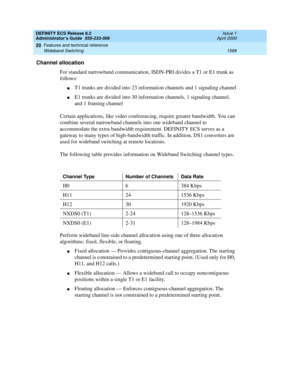 Page 1612DEFINITY ECS Release 8.2
Administrator’s Guide  555-233-506  Issue 1
April 2000
Features and technical reference 
1588 Wideband Switching 
20
Channel allocation
For standard narrowband communication, ISDN-PRI divides a T1 or E1 trunk as 
follows:
nT1 trunks are divided into 23 information channels and 1 signaling channel
nE1 trunks are divided into 30 information channels, 1 signaling channel, 
and 1 framing channel
Certain applications, like video conferencing, require greater bandwidth. You can...