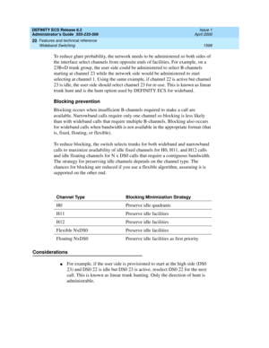 Page 1623DEFINITY ECS Release 8.2
Administrator’s Guide  555-233-506  Issue 1
April 2000
Features and technical reference 
1599 Wideband Switching 
20
To reduce glare probability, the network needs to be administered so both sides of 
the interface select channels from opposite ends of facilities. For example, on a 
23B+D trunk group, the user side could be administered to select B-channels 
starting at channel 23 while the network side would be administered to start 
selecting at channel 1. Using the same...