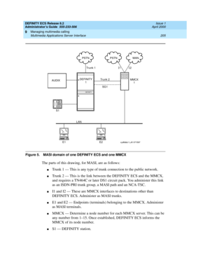 Page 229DEFINITY ECS Release 8.2
Administrator’s Guide  555-233-506  Issue 1
April 2000
Managing multimedia calling 
205 Multimedia Applications Server Interface 
9
Figure 5. MASI domain of one DEFINITY ECS and one MMCX
The parts of this drawing, for MASI, are as follows:
nTrunk 1 — This is any type of trunk connection to the public network. 
nTrunk 2 — This is the link between the DEFINITY ECS and the MMCX, 
and requires a TN464C or later DS1 circuit pack. You administer this link 
as an ISDN-PRI trunk group, a...