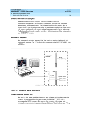 Page 256DEFINITY ECS Release 8.2
Administrator’s Guide  555-233-506  Issue 1
April 2000
Managing multimedia calling 
232 Multimedia Call Handling 
9
Enhanced multimedia complex
An Enhanced multimedia complex consists of a BRI-connected 
multimedia-equipped PC and a non-BRI-connected multifunction telephone 
administered in Enhanced mode. The Enhanced multimedia complex acts as 
though the PC were directly connected to the multifunction telephone. Thus, voice 
call control, multimedia call control and call status...