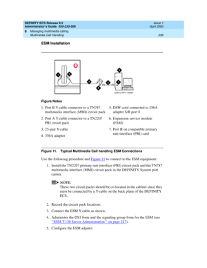 Page 260DEFINITY ECS Release 8.2
Administrator’s Guide  555-233-506  Issue 1
April 2000
Managing multimedia calling 
236 Multimedia Call Handling 
9
ESM Installation
Figure Notes
Figure 11. Typical Multimedia Call handling ESM Connections
Use the following procedure and Figure 11 to connect to the ESM equipment:
1. Install the TN2207 primary rate interface (PRI) circuit pack and the TN787 
multimedia interface (MMI) circuit pack in the DEFINITY System port 
carrier. 
NOTE:
These two circuit packs should be...