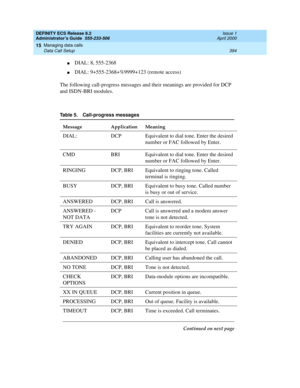 Page 418DEFINITY ECS Release 8.2
Administrator’s Guide  555-233-506  Issue 1
April 2000
Managing data calls 
394 Data Call Setup 
15
nDIAL: 8, 555-2368
nDIAL: 9+555-2368+%9999+123 (remote access)
The following call-progress messages and their meanings are provided for DCP 
and ISDN-BRI modules.
Table 5. Call-progress messages
Message Application Meaning
DIAL: DCP Equivalent to dial tone. Enter the desired 
number or FAC followed by Enter.
CMD BRI Equivalent to dial tone. Enter the desired 
number or FAC followed...