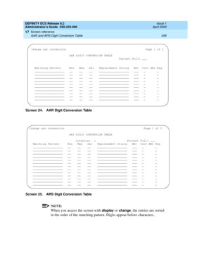 Page 480DEFINITY ECS Release 8.2
Administrator’s Guide  555-233-506  Issue 1
April 2000
Screen reference 
456 AAR and ARS Digit Conversion Table 
17
Screen 24. AAR Digit Conversion Table
 
Screen 25. ARS Digit Conversion Table
NOTE:
When you access the screen with display or change, the entries are sorted 
in the order of the matching pattern. Digits appear before characters.
change aar conversion Page 1 of 2
                       AAR DIGIT CONVERSION TABLE...