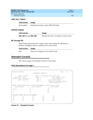 Page 508DEFINITY ECS Release 8.2
Administrator’s Guide  555-233-506  Issue 1
April 2000
Screen reference 
484 Attendant Console 
17
ARS TOLL TABLE
OFFICE CODES
00: through 99:
These fields represent the last 2 digits of the codes within the 100-block of 
numbers. Designate each as a number toll or non-toll call.
Attendant Console
This screen assigns an Attendant Console to the system.
Field descriptions for page 1
Screen 37. Attendant Console Valid entries Usage
2
 through 9Identify the number of the ARS Toll...