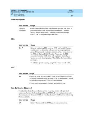 Page 545DEFINITY ECS Release 8.2
Administrator’s Guide  555-233-506  Issue 1
April 2000
Screen reference 
521 Class of Restriction 
17
COR Description
FRL
APLT
Can Be Service Observed
Note that this field allows or denies service observing for not only physical 
extensions, but also for logical agent IDs and VDNs. If you want an observer to 
observe users, set the users’ CORs to 
y on the observer’s COR Service Observing 
Permission table.
Valid entries Usage
Up to 35 
characters Enter a description of the COR...