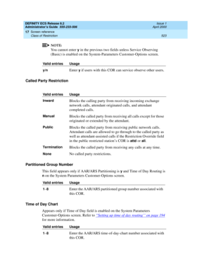 Page 547DEFINITY ECS Release 8.2
Administrator’s Guide  555-233-506  Issue 1
April 2000
Screen reference 
523 Class of Restriction 
17
NOTE:
You cannot enter y in the previous two fields unless Service Observing 
(Basic) is enabled on the System-Parameters Customer-Options screen.
Called Party Restriction
Partitioned Group Number
This field appears only if AAR/ARS Partitioning is 
y and Time of Day Routing is 
n on the System Parameters Customer-Options screen. 
Time of Day Chart
Appears only if Time of Day...