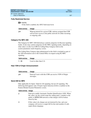 Page 551DEFINITY ECS Release 8.2
Administrator’s Guide  555-233-506  Issue 1
April 2000
Screen reference 
527 Class of Restriction 
17
Fully Restricted Service
NOTE:
If this field is enabled, the APLT field must be n.
Category For MFC ANI
The Category for MFC ANI field always controls categories for Russian signaling 
trunks. It also may control categories for R2-MFC signaling trunks, depending on 
what value is in the Use COR for Calling Party Category field on the 
system-parameters multi-frequency screen.
The...