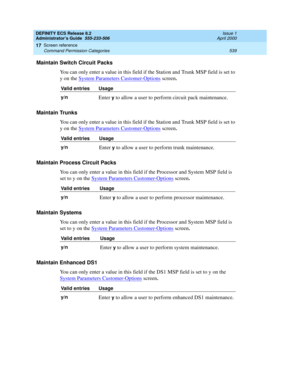 Page 563DEFINITY ECS Release 8.2
Administrator’s Guide  555-233-506  Issue 1
April 2000
Screen reference 
539 Command Permission Categories 
17
Maintain Switch Circuit Packs
You can only enter a value in this field if the Station and Trunk MSP field is set to 
y on the System Parameters Customer-Options
 screen.
Maintain Trunks
You can only enter a value in this field if the Station and Trunk MSP field is set to 
y on the System Parameters Customer-Options
 screen.
Maintain Process Circuit Packs
You can only...