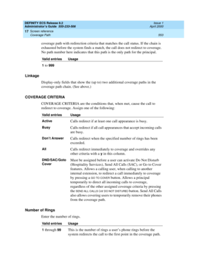 Page 577DEFINITY ECS Release 8.2
Administrator’s Guide  555-233-506  Issue 1
April 2000
Screen reference 
553 Coverage Path 
17
coverage path with redirection criteria that matches the call status. If the chain is 
exhausted before the system finds a match, the call does not redirect to coverage. 
No path number here indicates that this path is the only path for the principal.
Linkage
Display-only fields that show the (up to) two additional coverage paths in the 
coverage path chain. (See above.)
COVERAGE...