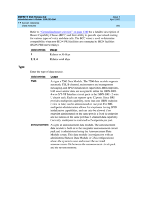 Page 584DEFINITY ECS Release 8.2
Administrator’s Guide  555-233-506  Issue 1
April 2000
Screen reference 
560 Data modules 
17
Refer to ‘‘Generalized route selection’’ on page 1340 for a detailed description of 
Bearer Capability Classes (BCC) and their ability to provide specialized routing 
for various types of voice and data calls. The BCC value is used to determine 
compatibility when non-ISDN-PRI facilities are connected to ISDN facilities 
(ISDN-PRI Interworking).
Ty p e
Enter the type of data module....