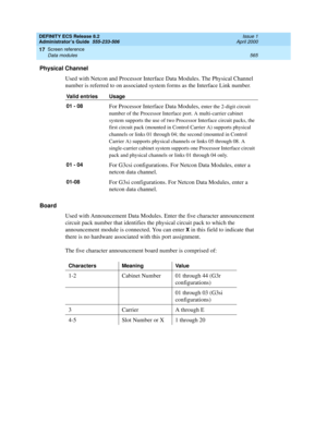 Page 589DEFINITY ECS Release 8.2
Administrator’s Guide  555-233-506  Issue 1
April 2000
Screen reference 
565 Data modules 
17
Physical Channel
Used with Netcon and Processor Interface Data Modules. The Physical Channel 
number is referred to on associated system forms as the Interface Link number
.
Board
Used with Announcement Data Modules. Enter the five character announcement 
circuit pack number that identifies the physical circuit pack to which the 
announcement module is connected. You can enter 
X in this...