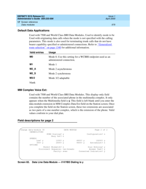 Page 599DEFINITY ECS Release 8.2
Administrator’s Guide  555-233-506  Issue 1
April 2000
Screen reference 
575 Data modules 
17
Default Data Applications
Used with 7500 and World Class BRI Data Modules. Used to identify mode to be 
Used with originating data calls when the mode is not specified with the calling 
parameters. This mode is also used for terminating trunk calls that do not have 
bearer capability specified or administered connections. Refer to ‘‘
Generalized 
route selection’’ on page 1340 for...